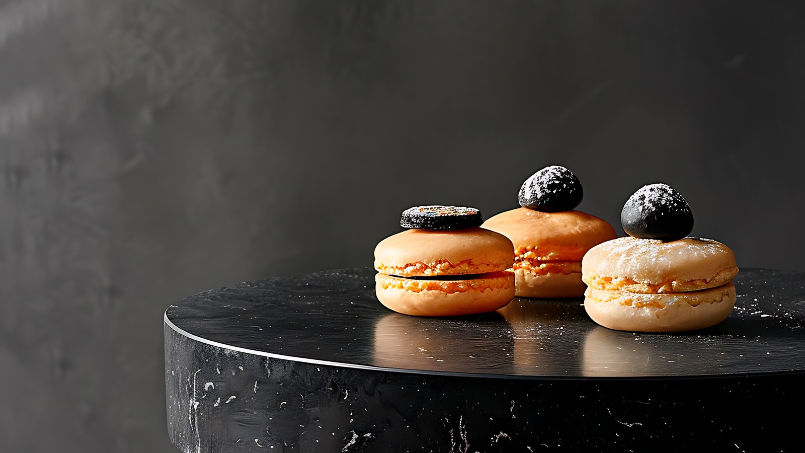 exportar_blog_momentum El arte de la pasteleria. Macarons gourmet en tonos pastel sobre un fondo negro, resaltando su textura delicada y elegante.