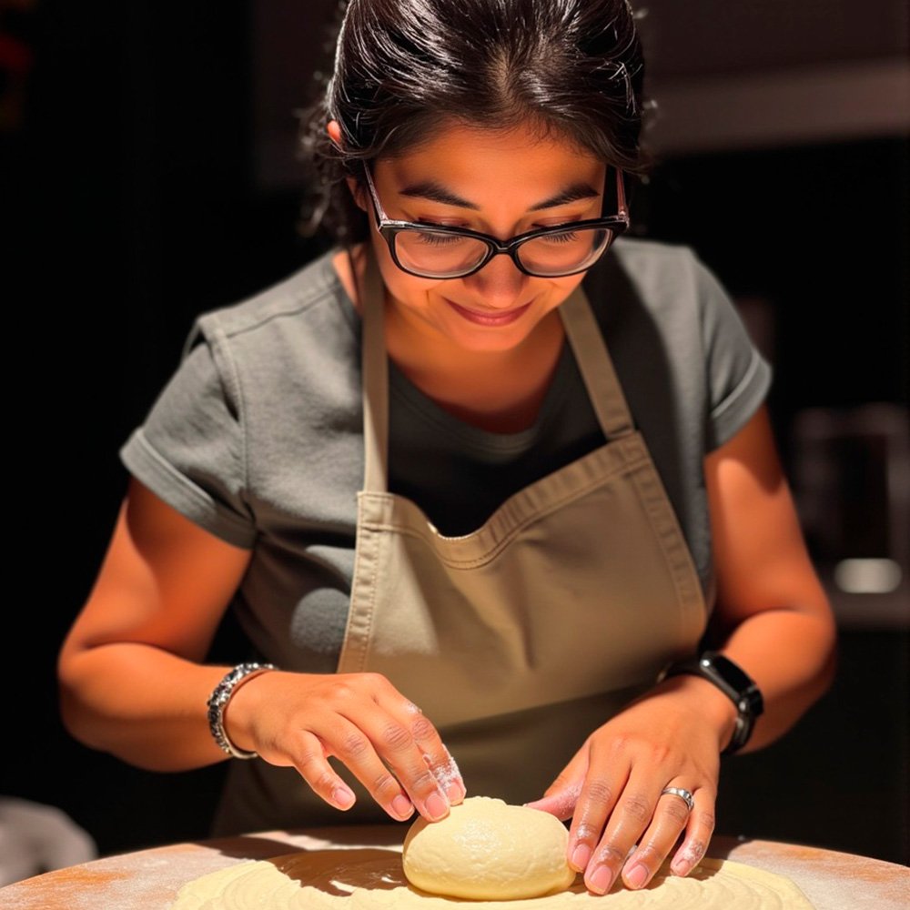 Ingrid Pacheco amasando con precisión y delicadeza, capturando el arte de la pastelería en su proceso creativo.